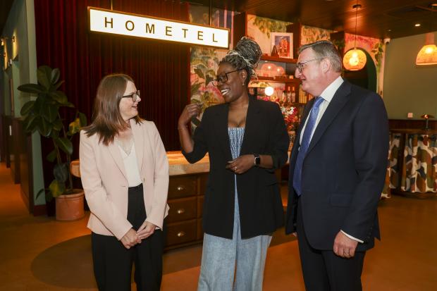 Minister Dr Caoimhe Archibald pictured with Gareth Graham Chief Executive, of Oakland Holdings and Michelle Thomas, Hotel Openings Manager at Lamington Group which builds and operates Room2 hometels