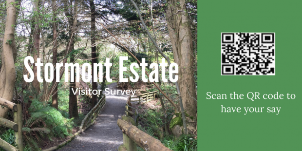 Image of a woodland walk on Stormont Estate with the QR code for the survey about the estate