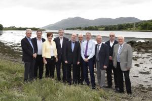 Finance Minister Máirtín Ó Muilleoir pictured with Adrian O’Hare, Secretary Narrow Water Bridge Community Network,  .Jim Sutherland, Head of EU programmes and Gateways Department of Finance, Caitríona Ruane MLA,  Co Louth TD Gerry Adams, Jim Boylan, Bill 